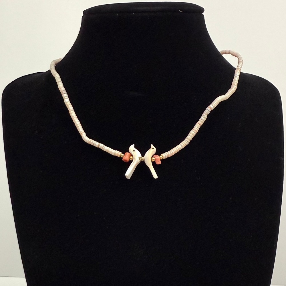 Choker Necklace Shell Heishi Bead Bird Dove Accent Coral White Beads 7 in L